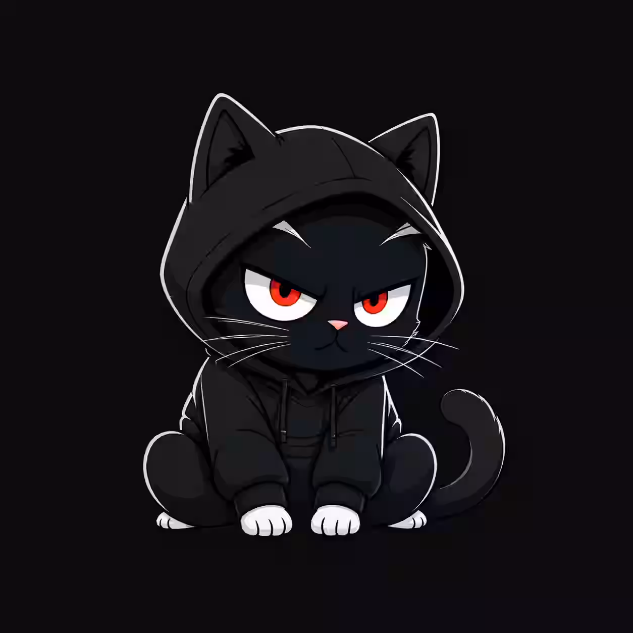 Cute black cat wearing a black hoodie with glowing red eyes sitting on a black background.