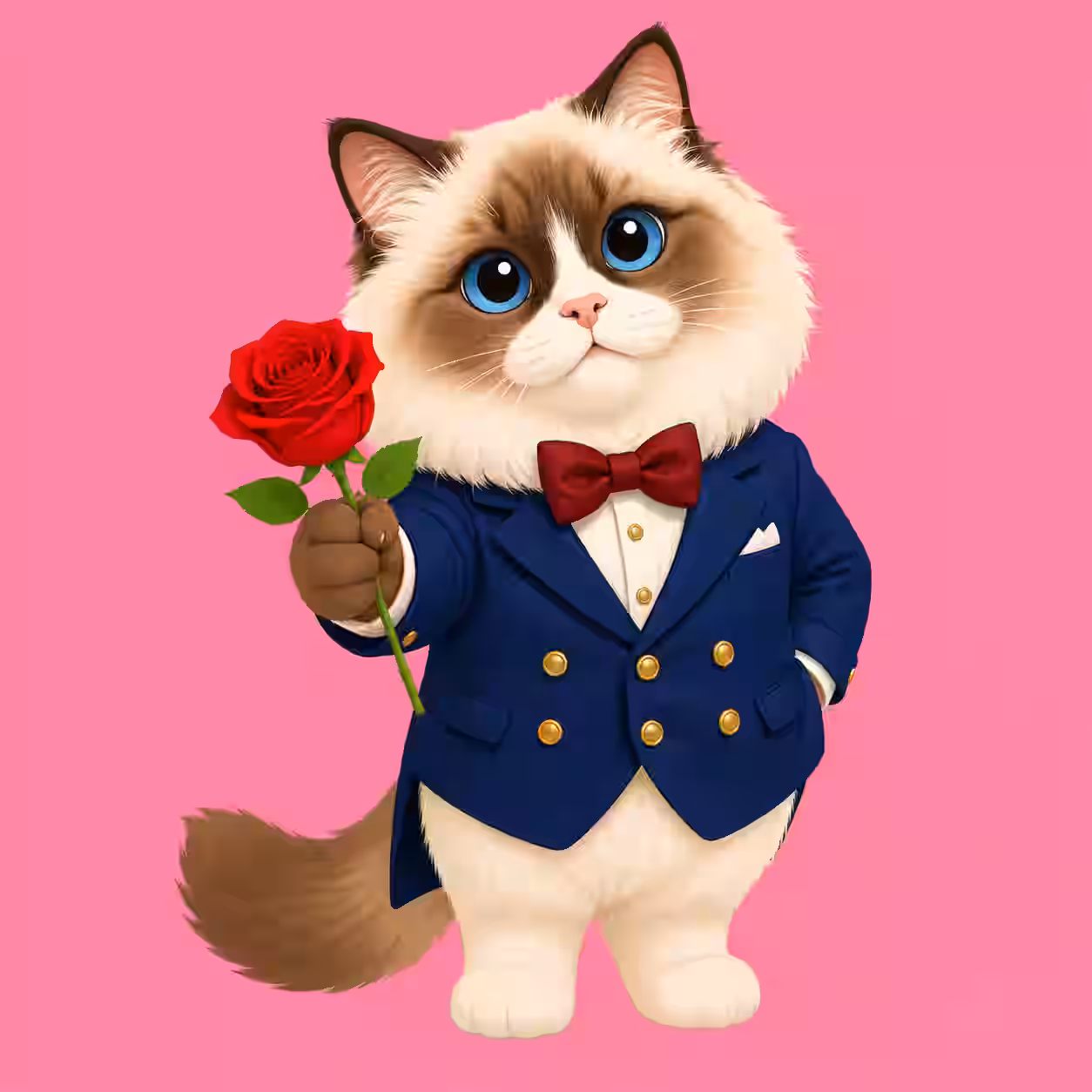 Cute fluffy gentleman cat in a blue suit holding a red rose with big blue eyes, cartoon profile picture on a pink background.