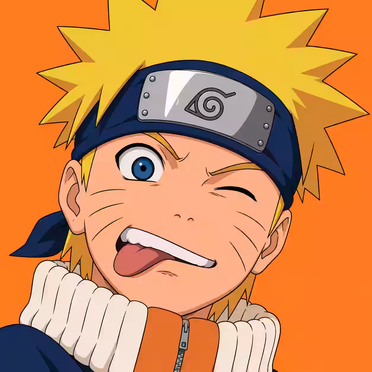 Funny Naruto anime profile picture with a wink, tongue out, and orange background.