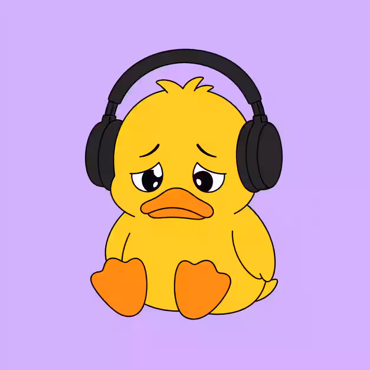 Cute sad yellow duck wearing oversized black headphones with a disappointed expression, simple cartoon profile picture on a purple background.