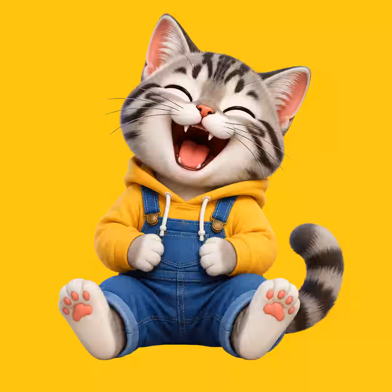 Cute laughing gray tabby kitten wearing a yellow hoodie and blue overalls, sitting with happy expression and pink paw pads on a bright yellow background.