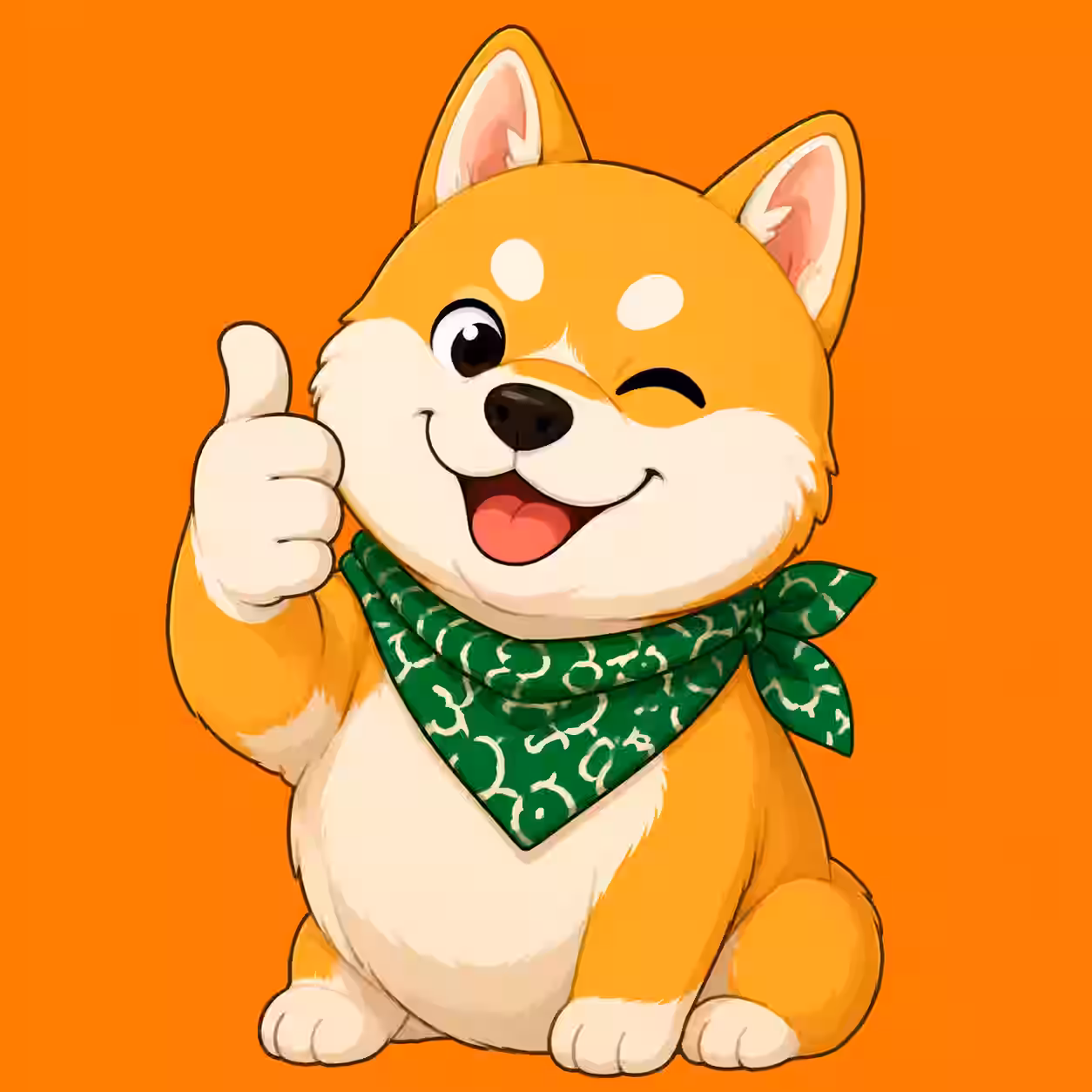 Cute Shiba Inu dog wearing a green bandana giving a thumbs-up with a happy smile, cartoon profile picture on an orange background.