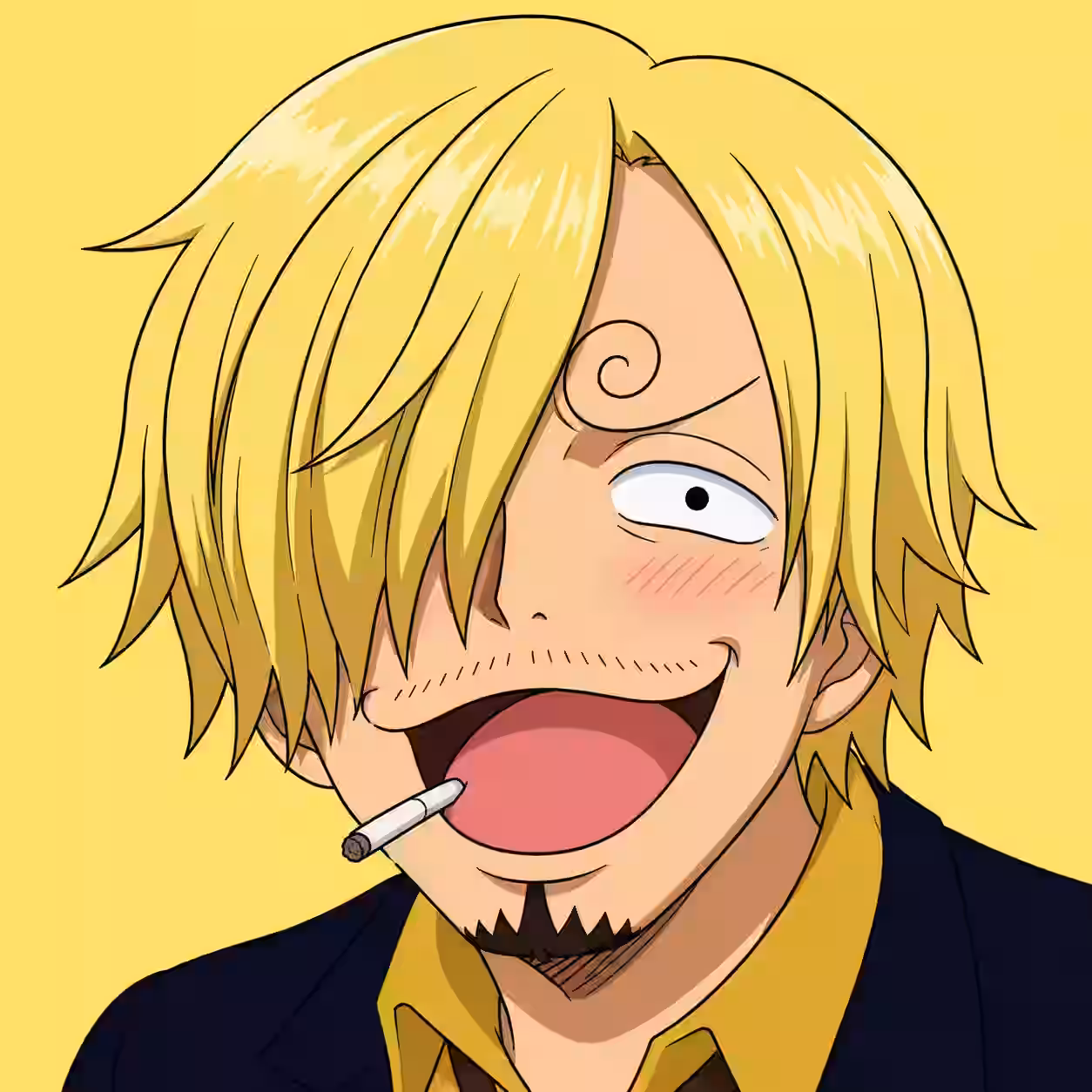 Funny Sanji anime PFP with a goofy smile, blushing face, and cigarette on a yellow background.