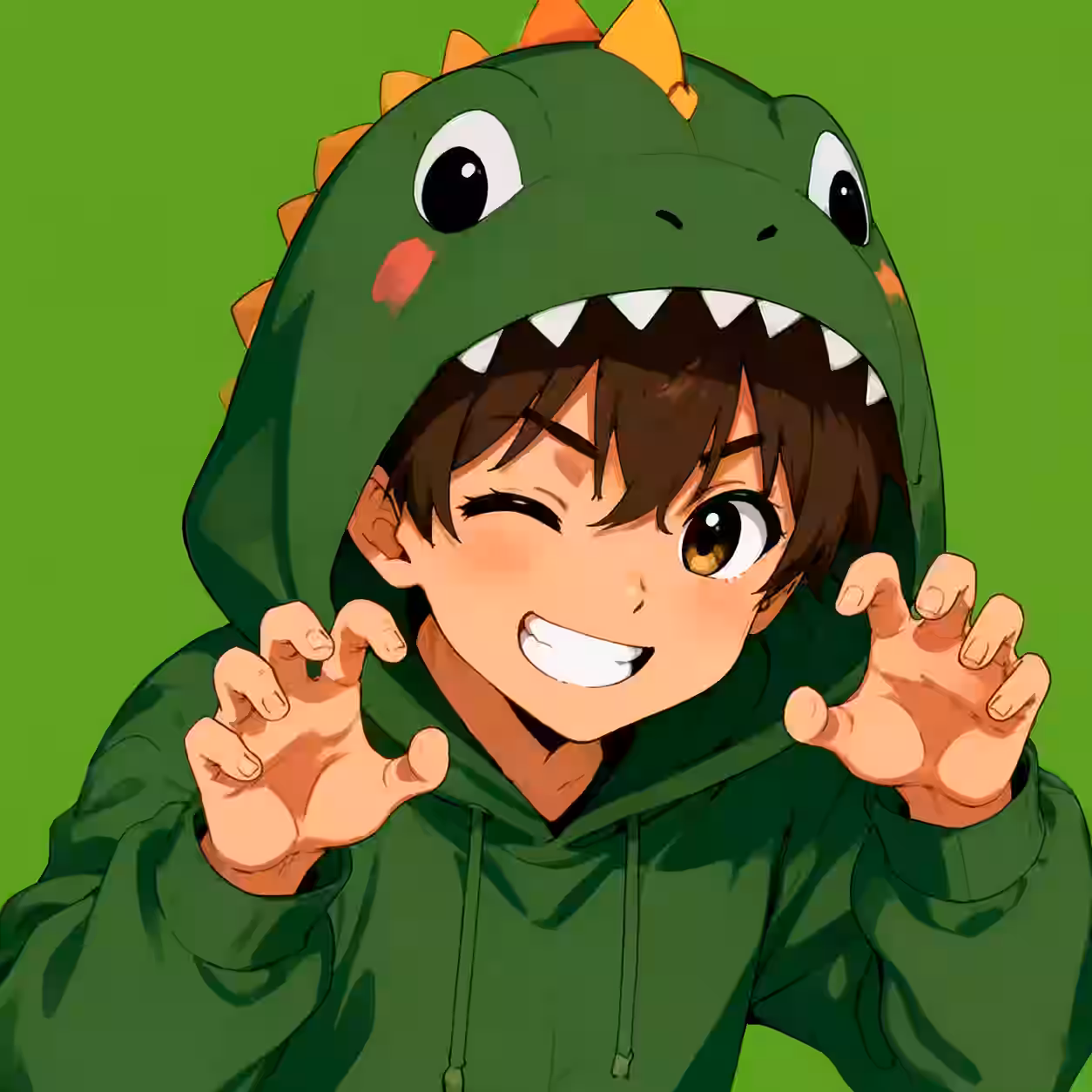 Cute anime boy wearing a green dinosaur hoodie making a playful roar.