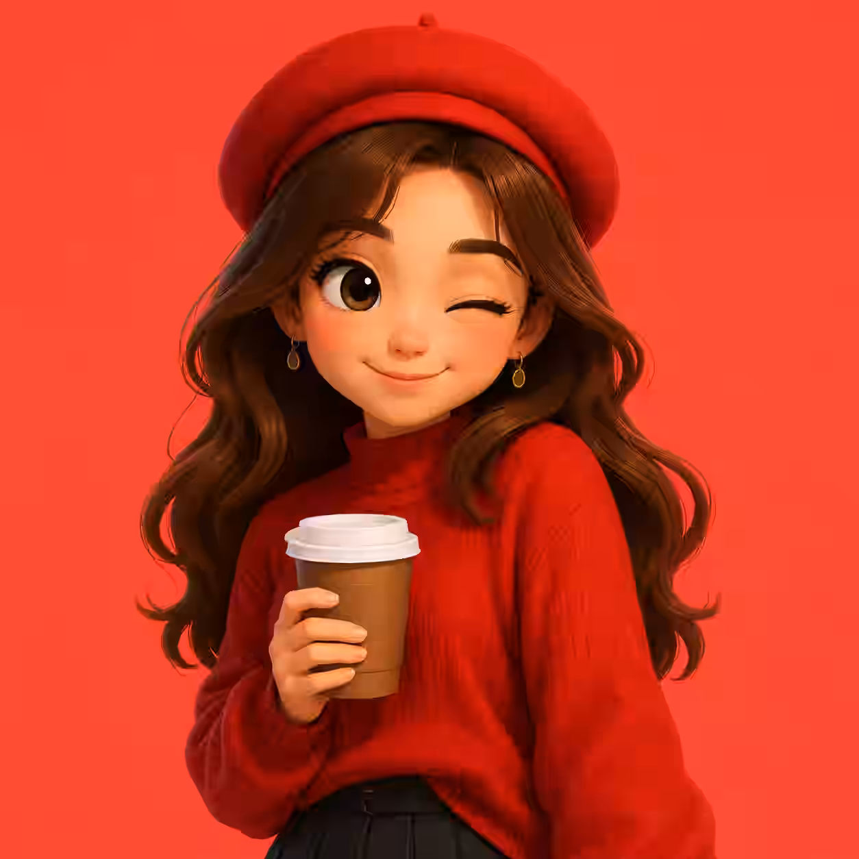 Cute anime girl wearing a red beret and holding a coffee cup.