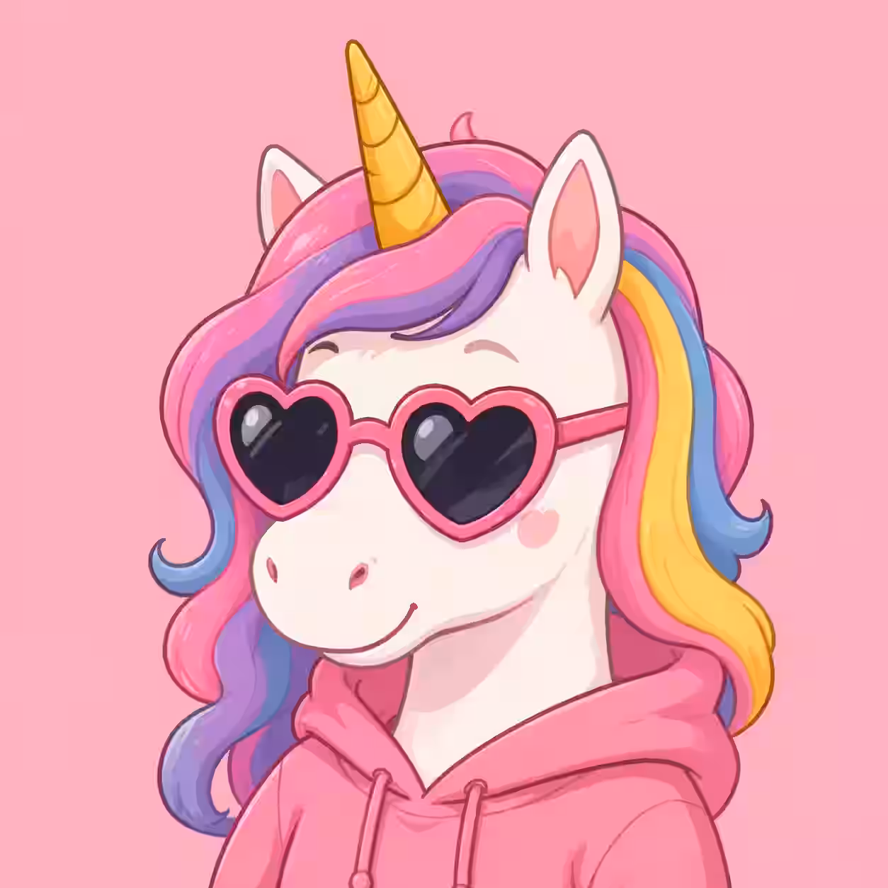 Cartoon unicorn with a golden horn, multicolored (pink, purple, blue, yellow) mane, pink heart sunglasses, and a pink hoodie, set against a pink background.