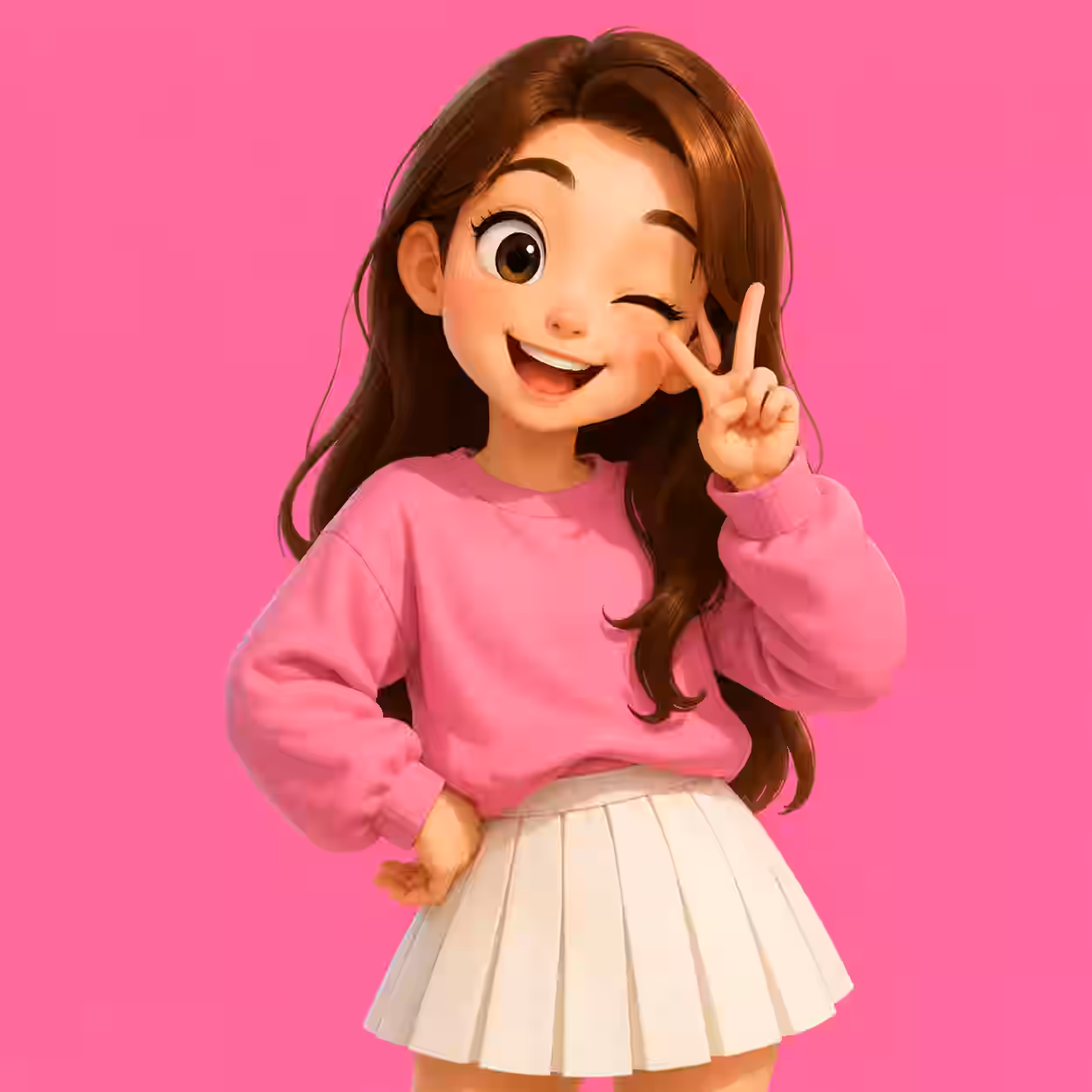 Cute anime girl in a pink sweatshirt making a peace sign and winking on a pink background.
