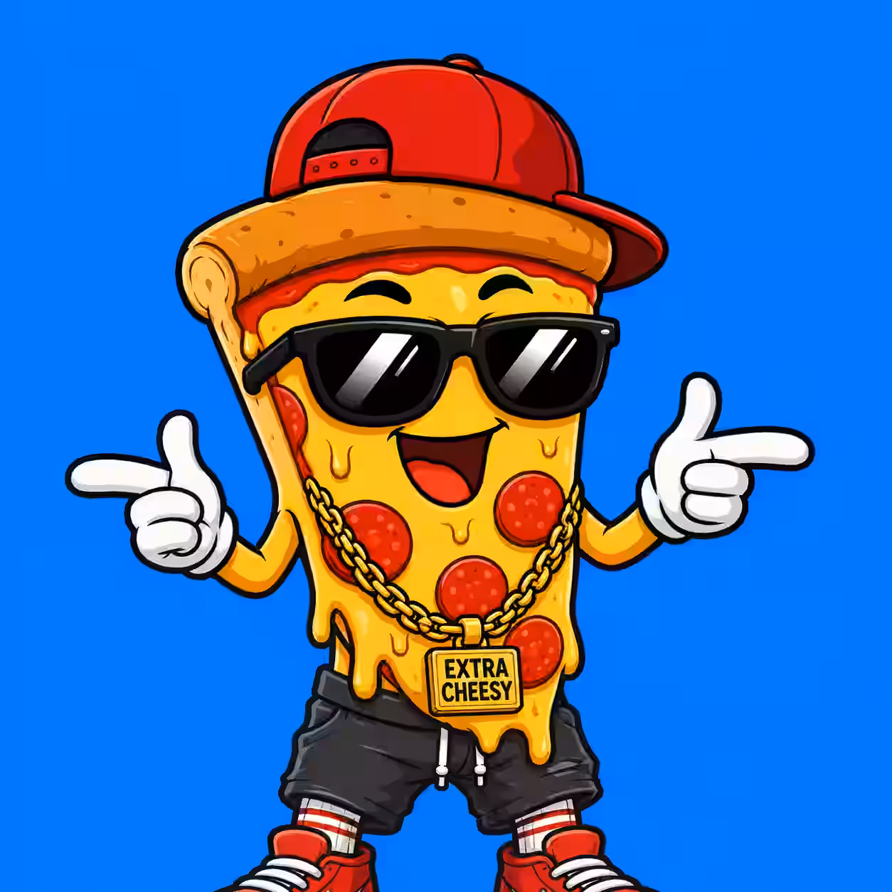 Funny pizza slice wearing sunglasses, a red cap, and a gold chain on a blue background.
