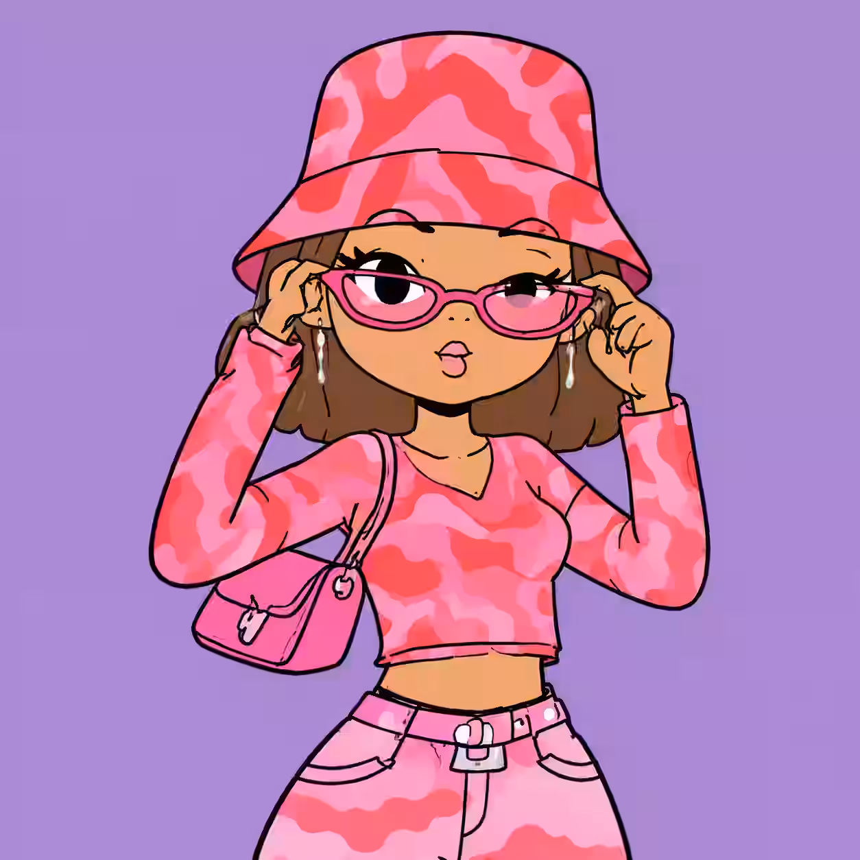 Cartoon girl profile picture wearing pink camo outfit bucket hat and sunglasses.