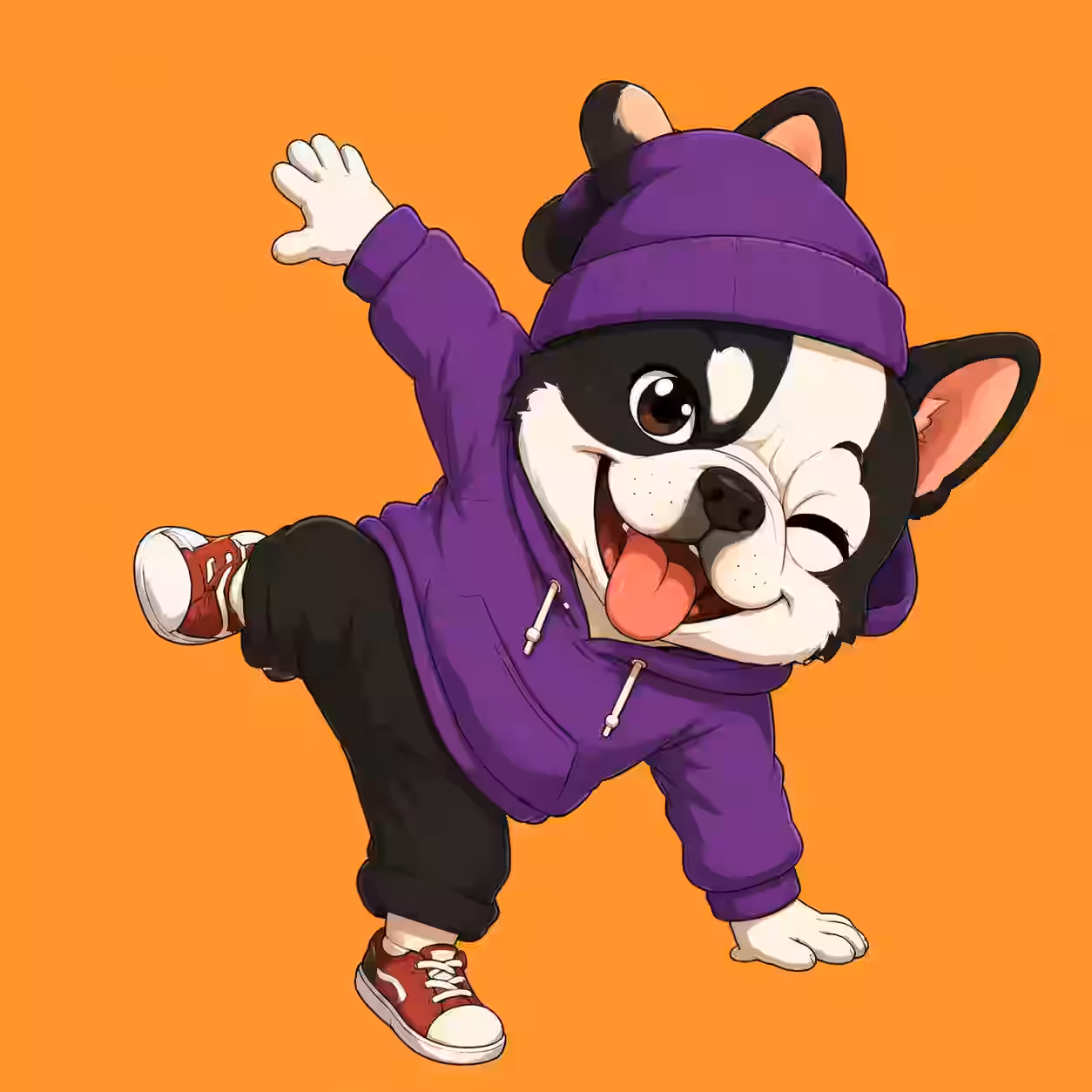 Boston Terrier wearing purple hoodie and sneakers dancing cute cartoon avatar.
