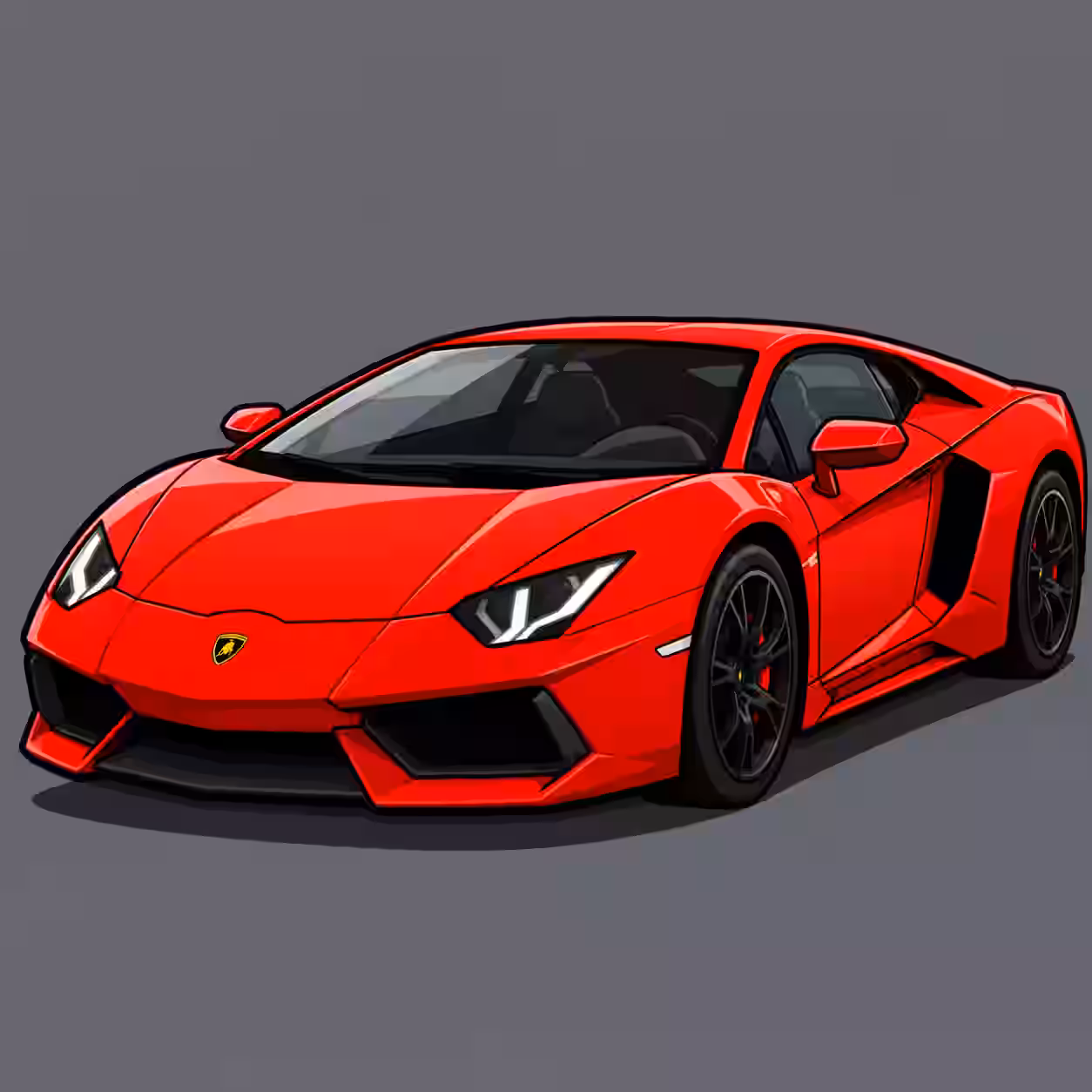 Red Lamborghini supercar viewed from the front at an angle on a gray background.