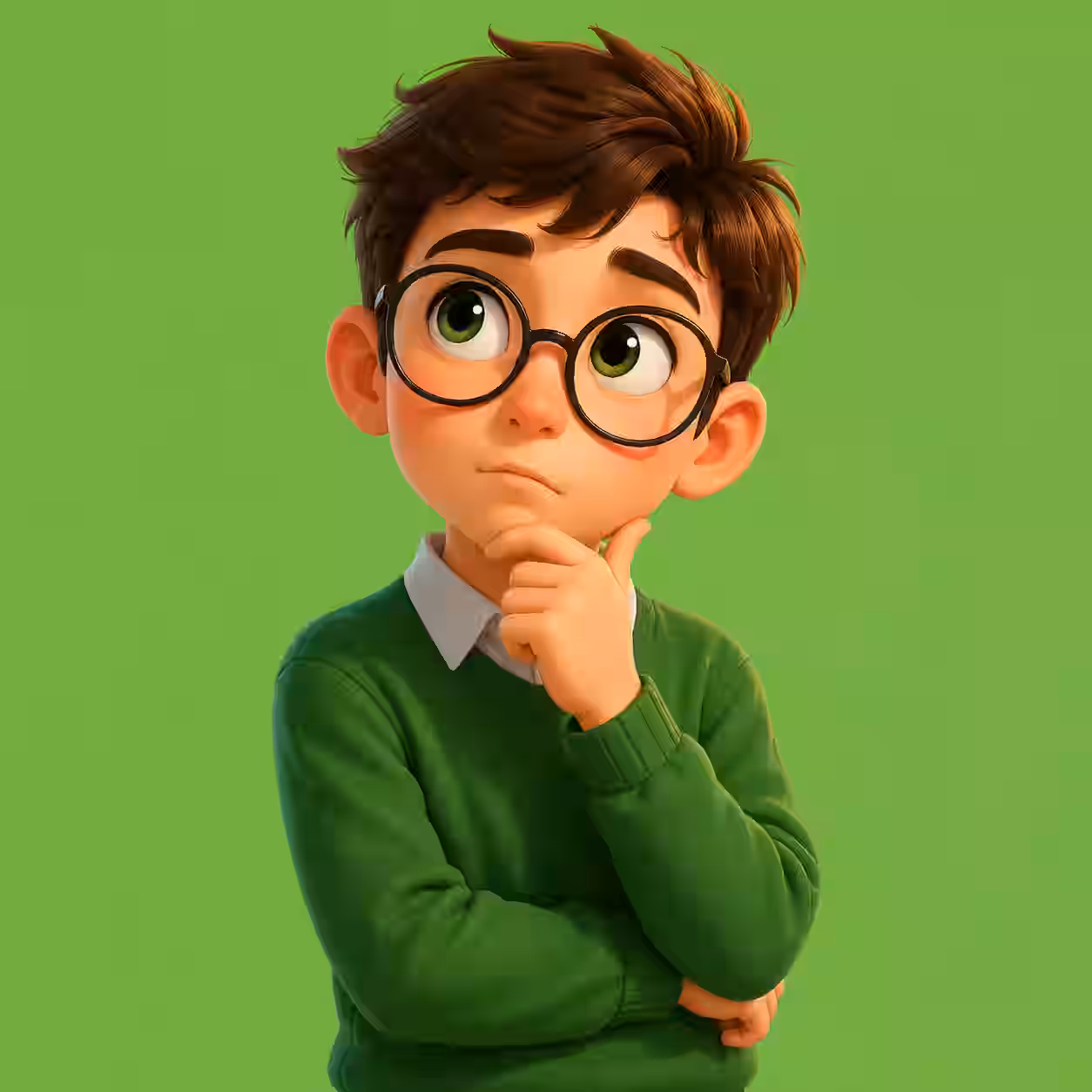 Cute anime boy with round glasses and green sweater thinking on a green background.