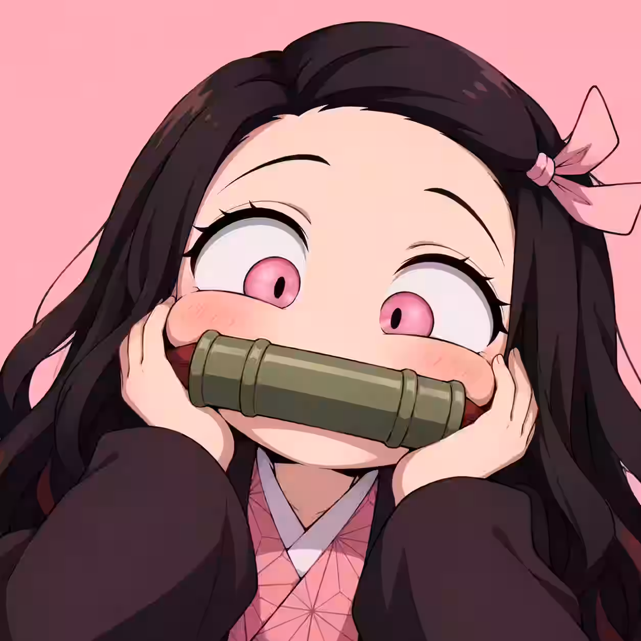 Cute Nezuko profile picture with wide eyes and bamboo muzzle.