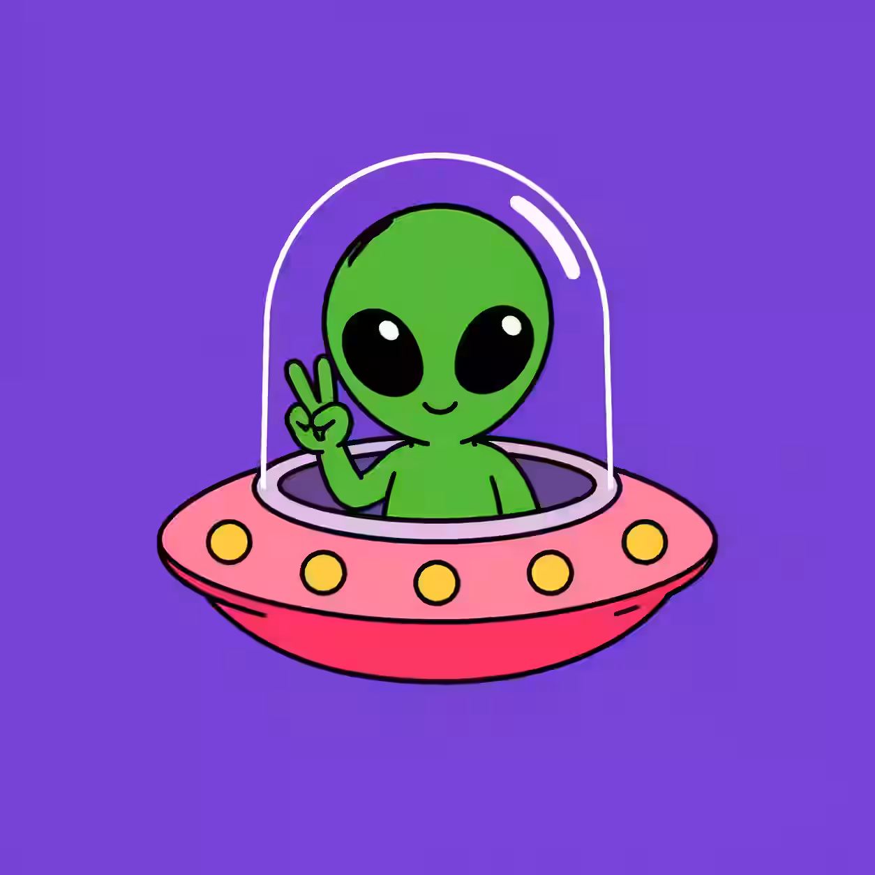 Cute green alien flashing a peace sign inside a pink flying saucer on a purple background.