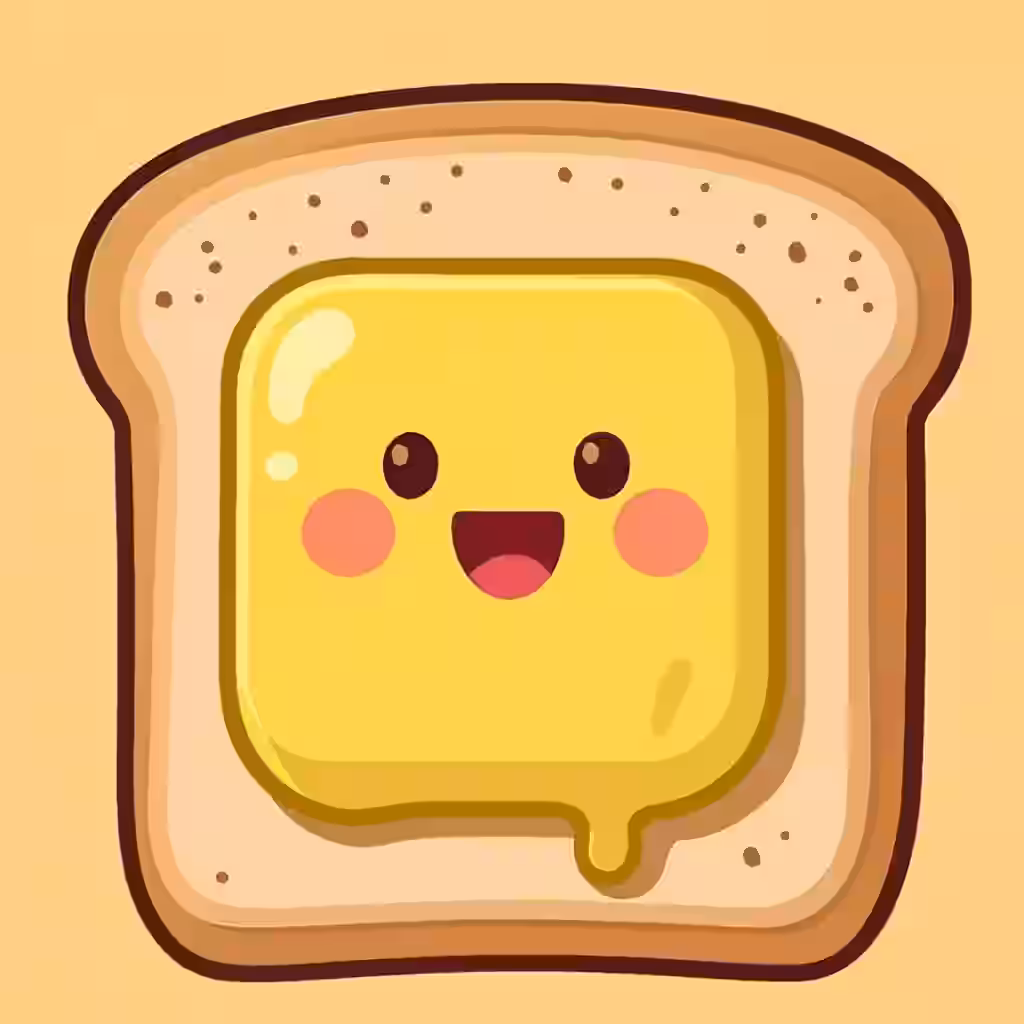 Cute kawaii toast with butter on yellow background, smiling bread character illustration