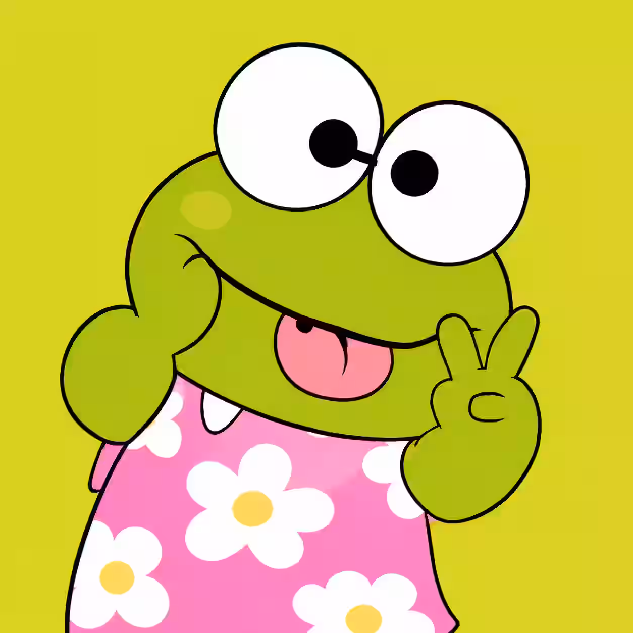 Funny green frog cartoon profile picture with big eyes wearing a pink flower shirt.