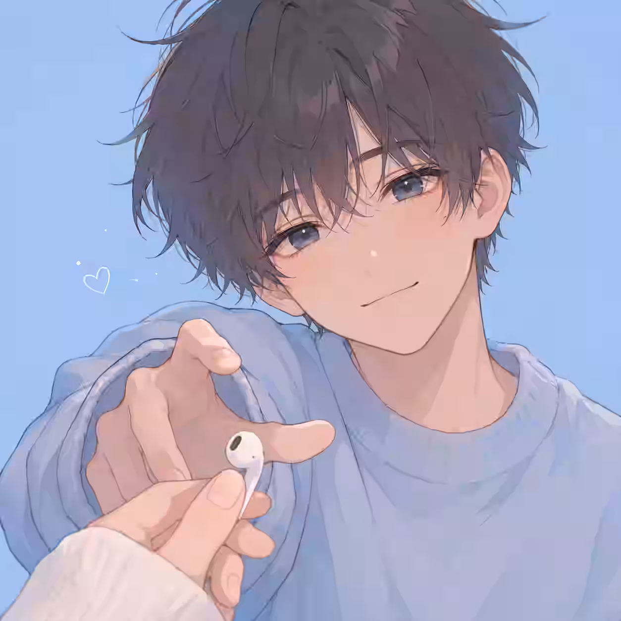 Cute anime boy with messy dark hair and blue eyes wearing a light blue sweater holding out a white earbud on a light blue background