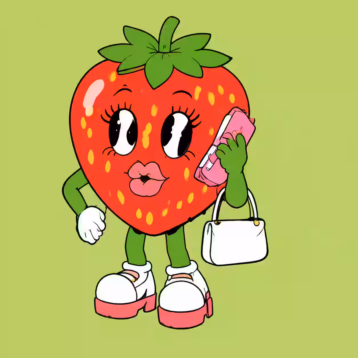 Cute strawberry girl cartoon profile picture holding a phone and handbag with a stylish character design.