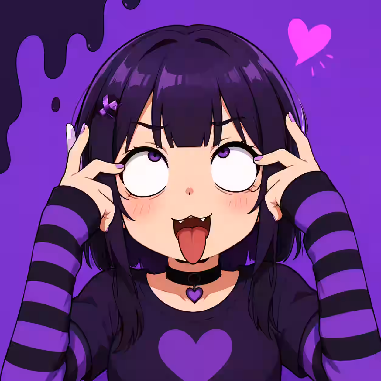 Anime girl with purple hair making a goofy face with her tongue out and eyes rolled upward while wearing a black and purple outfit with striped sleeves.