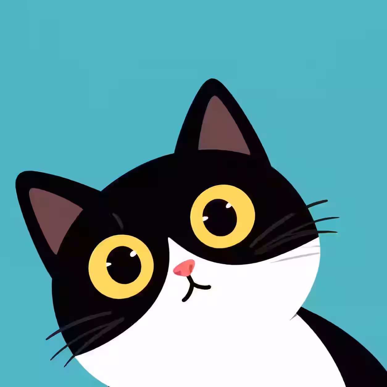 Cute black cat cartoon profile picture with yellow eyes on a blue background.