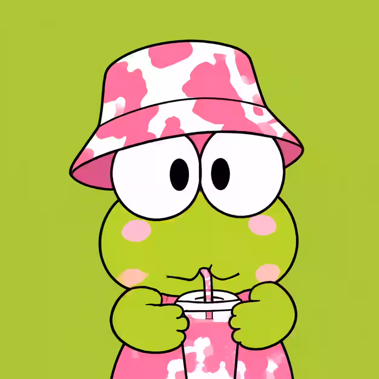 Cute cartoon bear profile picture wearing pink camo hat and holding a drink.