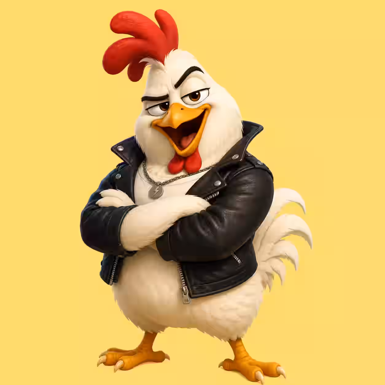 Funny rooster wearing a black leather jacket with folded arms, smug grin, raised eyebrow, cartoon character standing confidently on a simple yellow background.