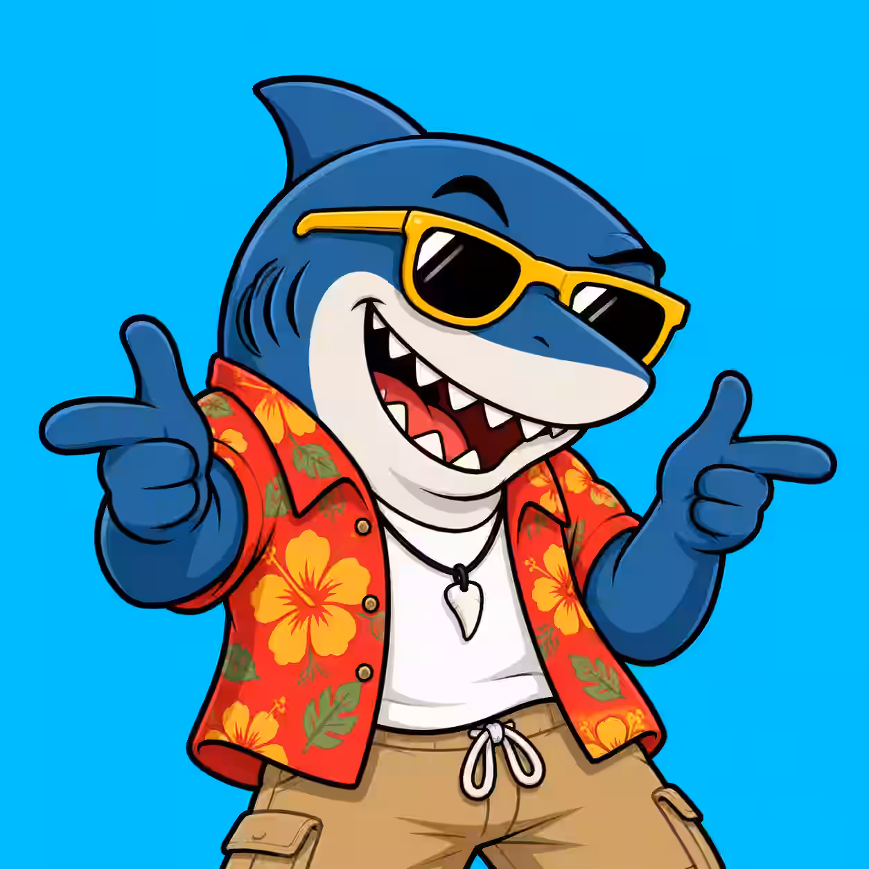 Funny blue shark wearing sunglasses and a tropical shirt making finger guns on a blue background.