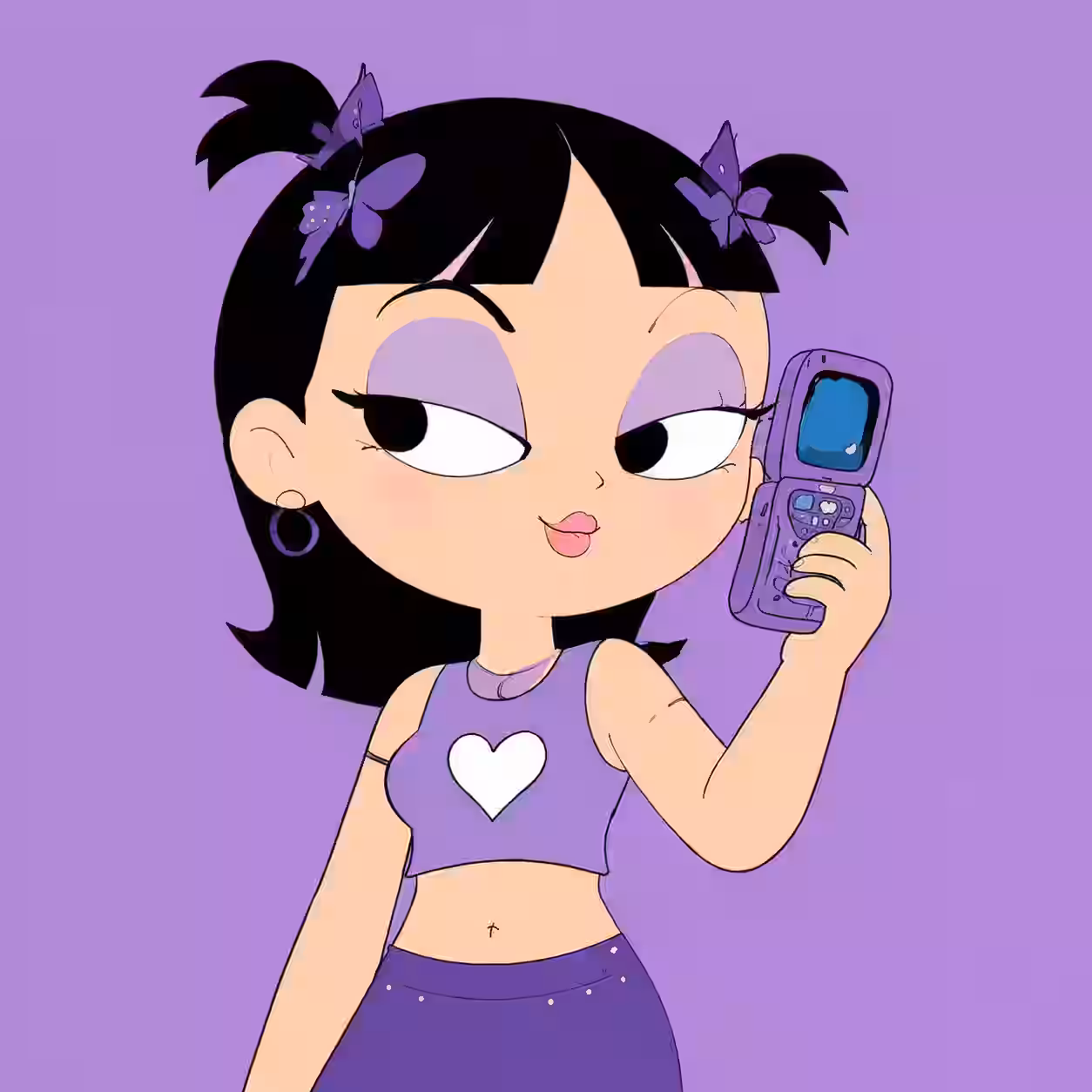 Cute purple cartoon girl profile picture holding a retro phone with black hair and purple outfit.