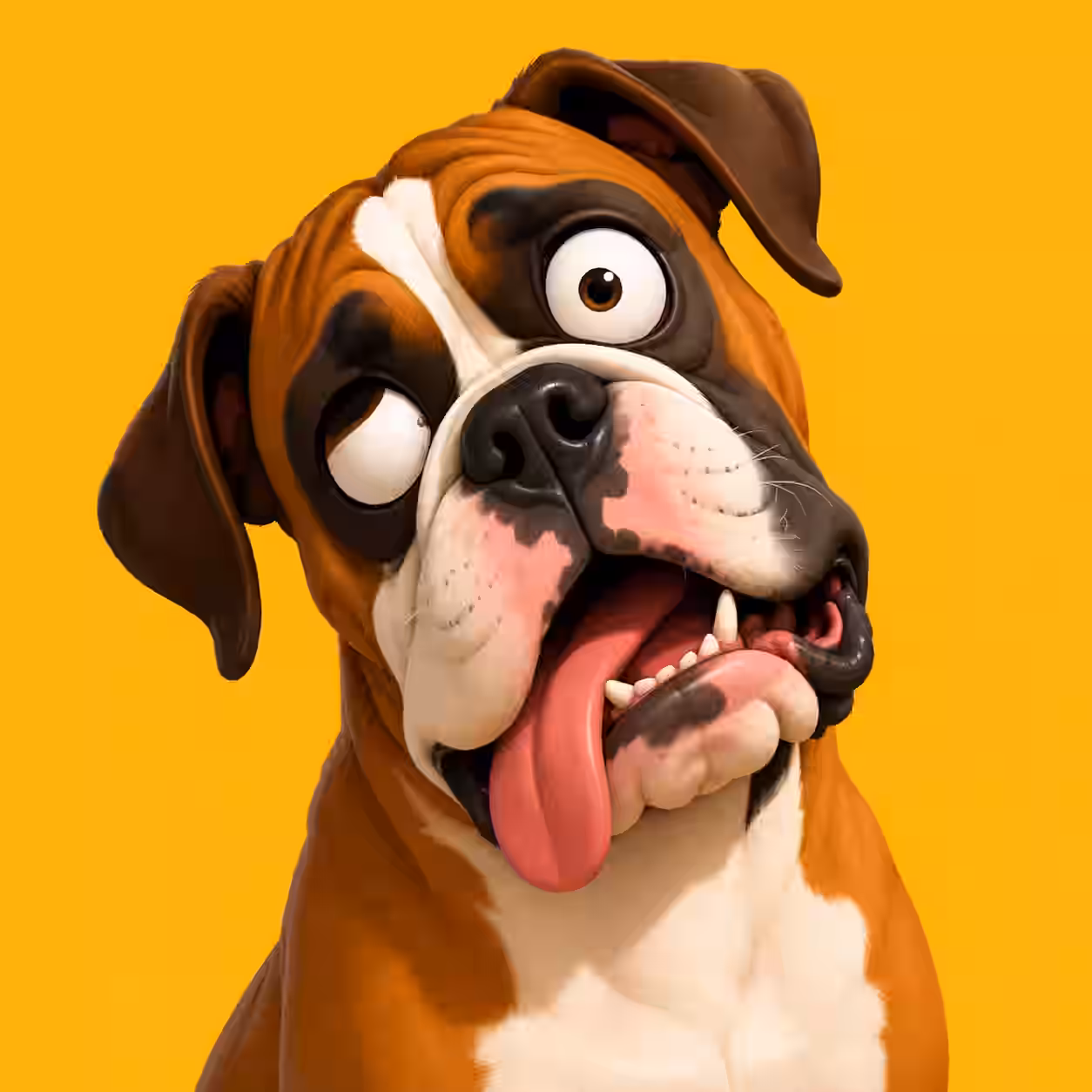 Funny boxer dog PFP with crossed eyes, tongue hanging out, and a goofy expression on a bright yellow background.
