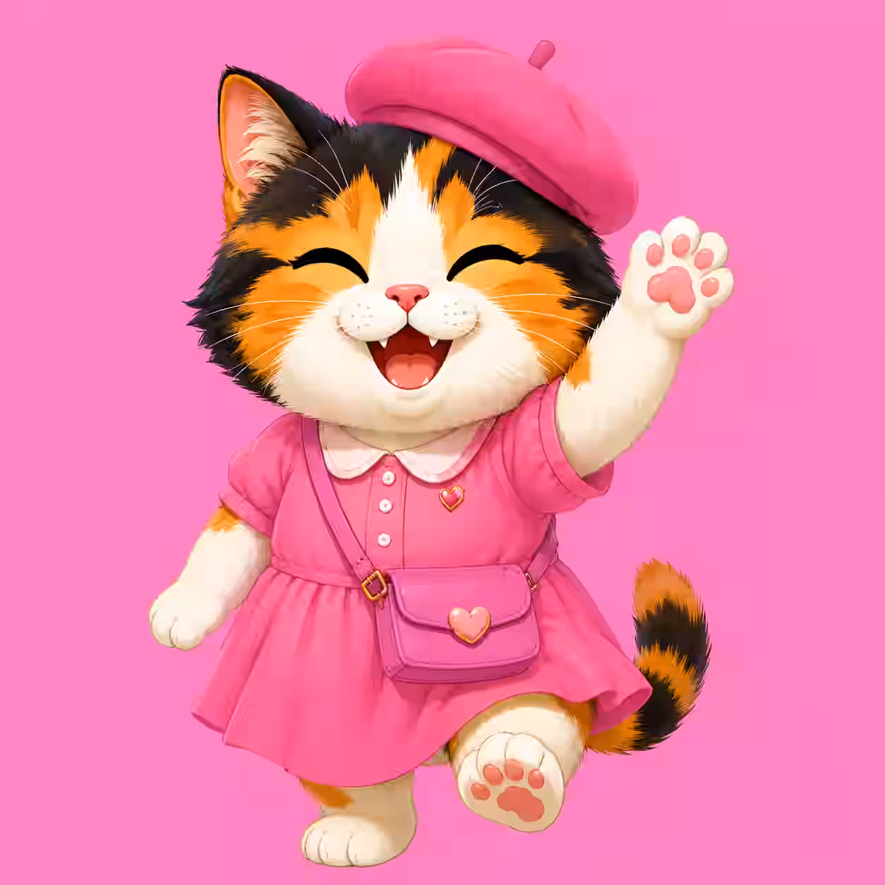 Cute calico kitten wearing a pink dress and beret, happily waving with an adorable smile and pink paw pads on a bright pink background.