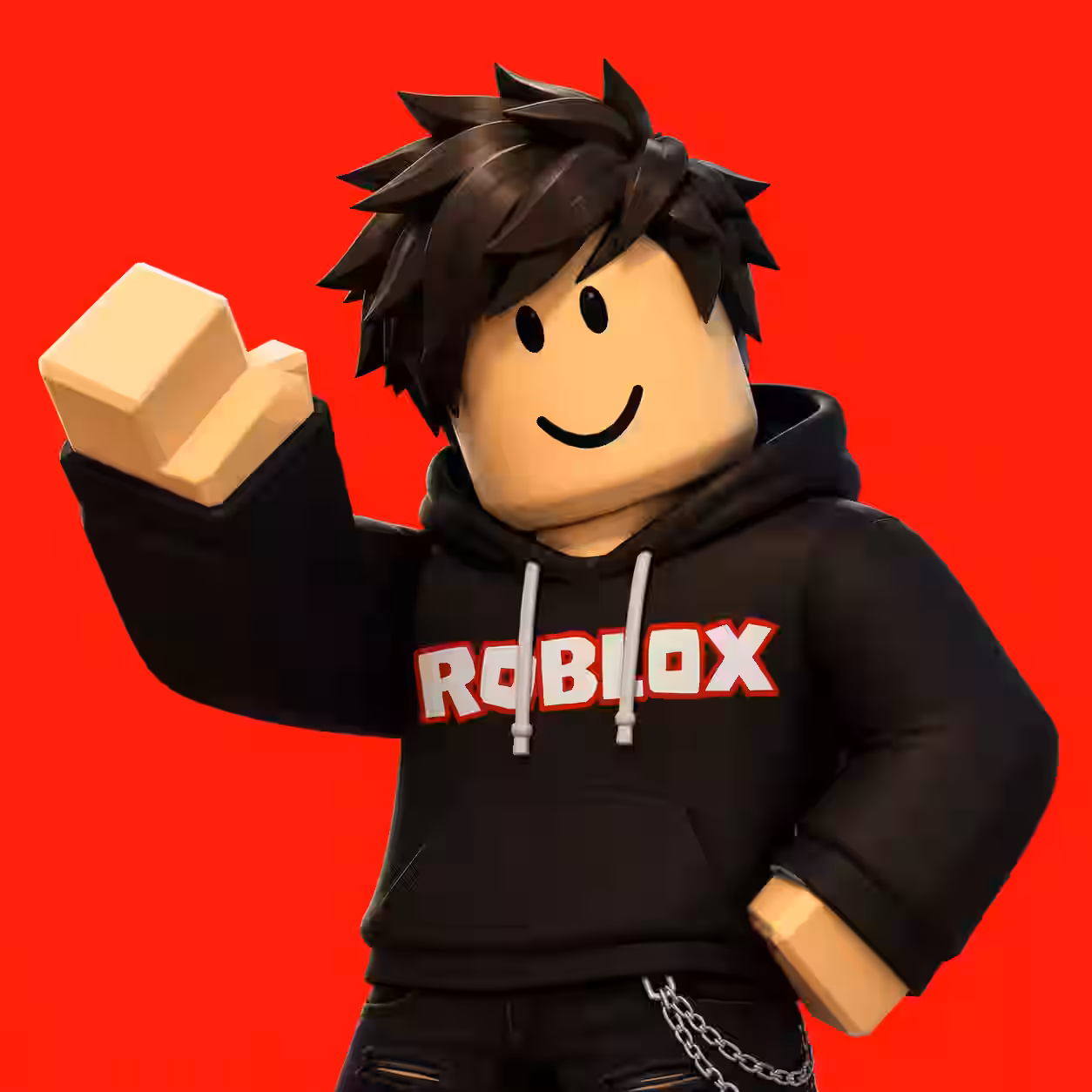 Smiling Roblox character wearing a black Roblox hoodie and waving, blocky avatar with black hair on a bright red background.