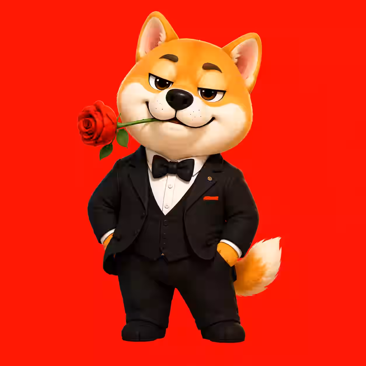 Shiba Inu dog wearing black tuxedo and holding red rose cartoon avatar.