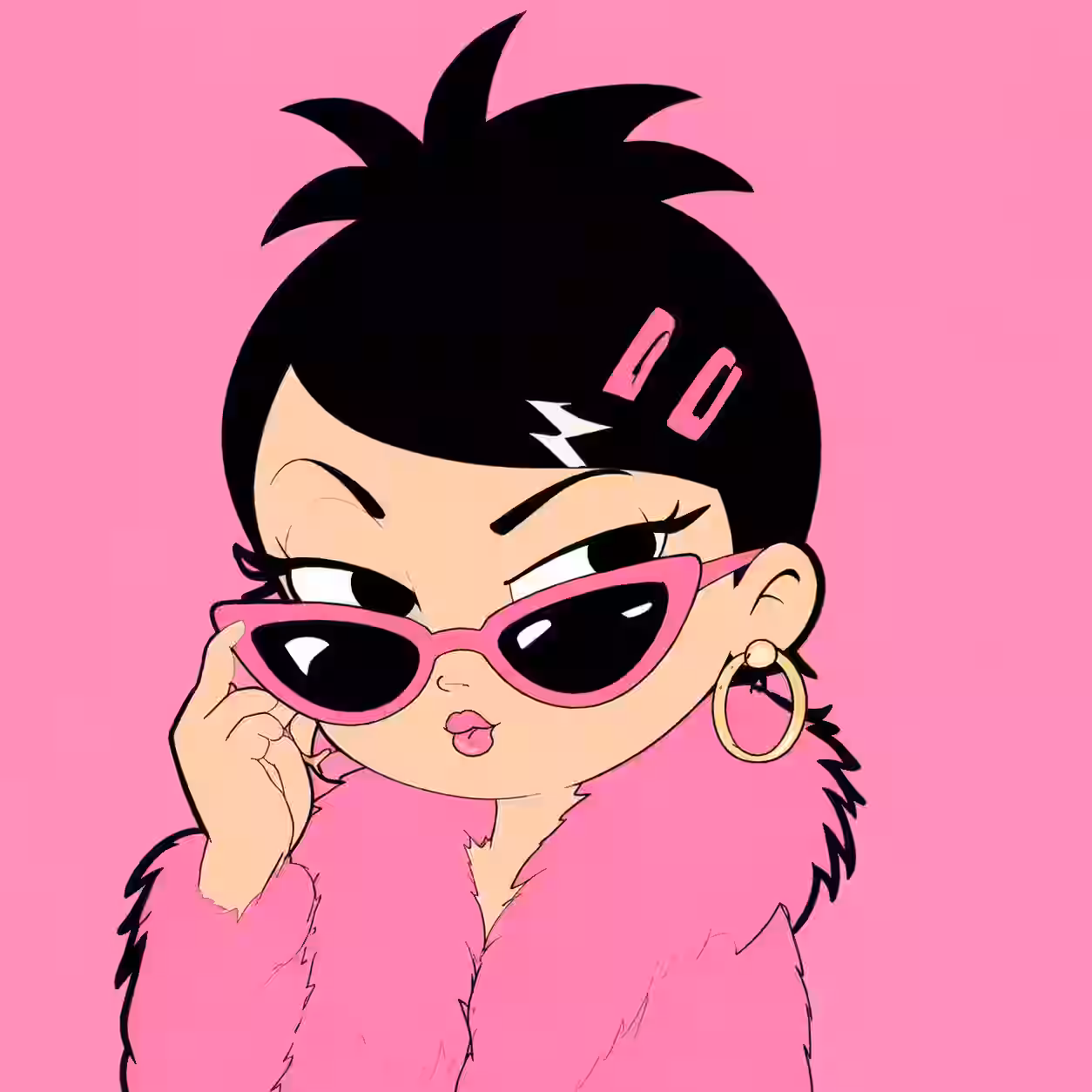 Cool pink fashion girl cartoon profile picture with sunglasses and stylish outfit.