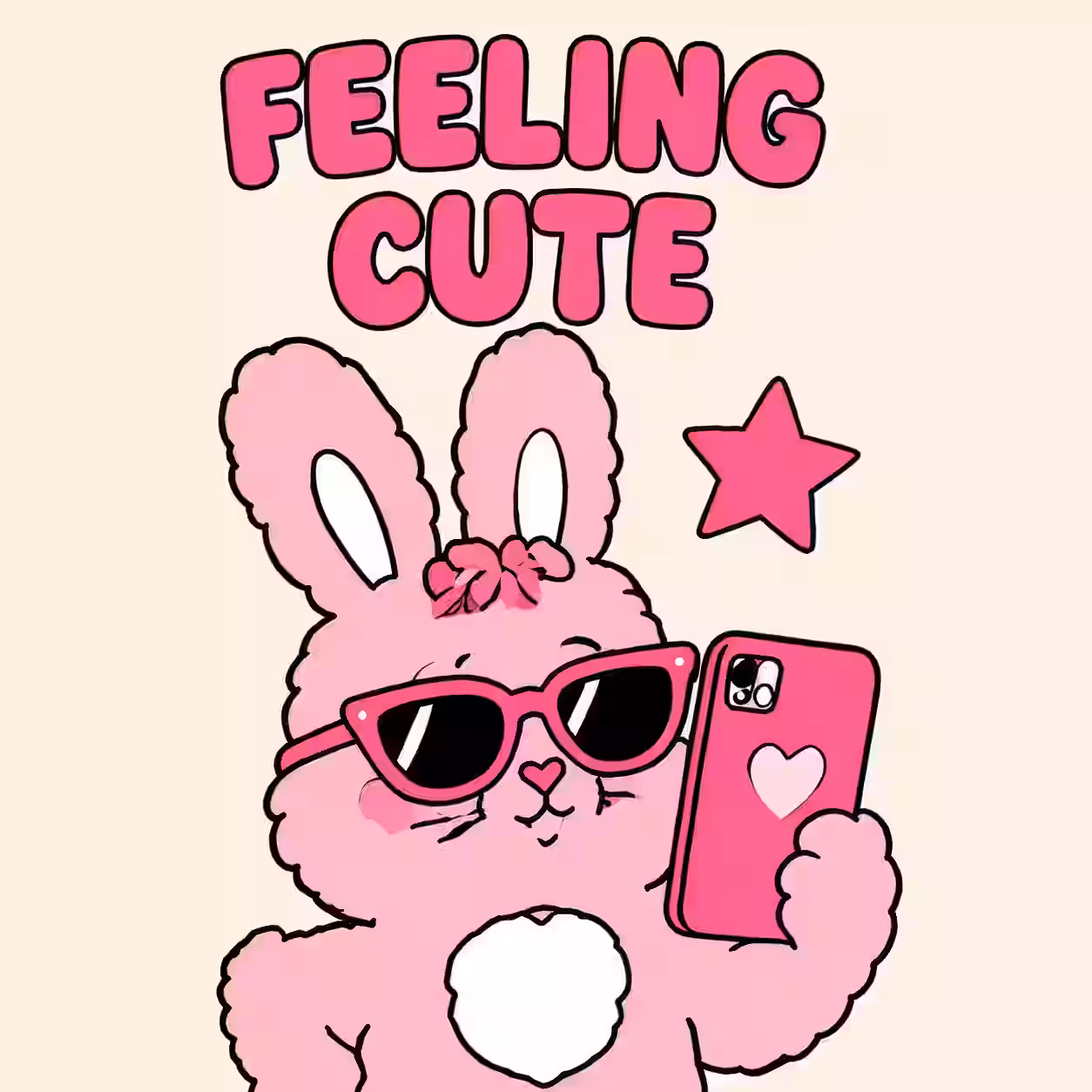 Cute pink bunny wearing sunglasses and taking a selfie with the words Feeling Cute on a pastel background.