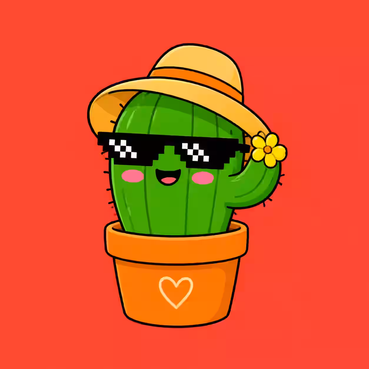 Cute cartoon cactus wearing pixel sunglasses and a sun hat with a yellow flower in an orange flower pot on a red background.