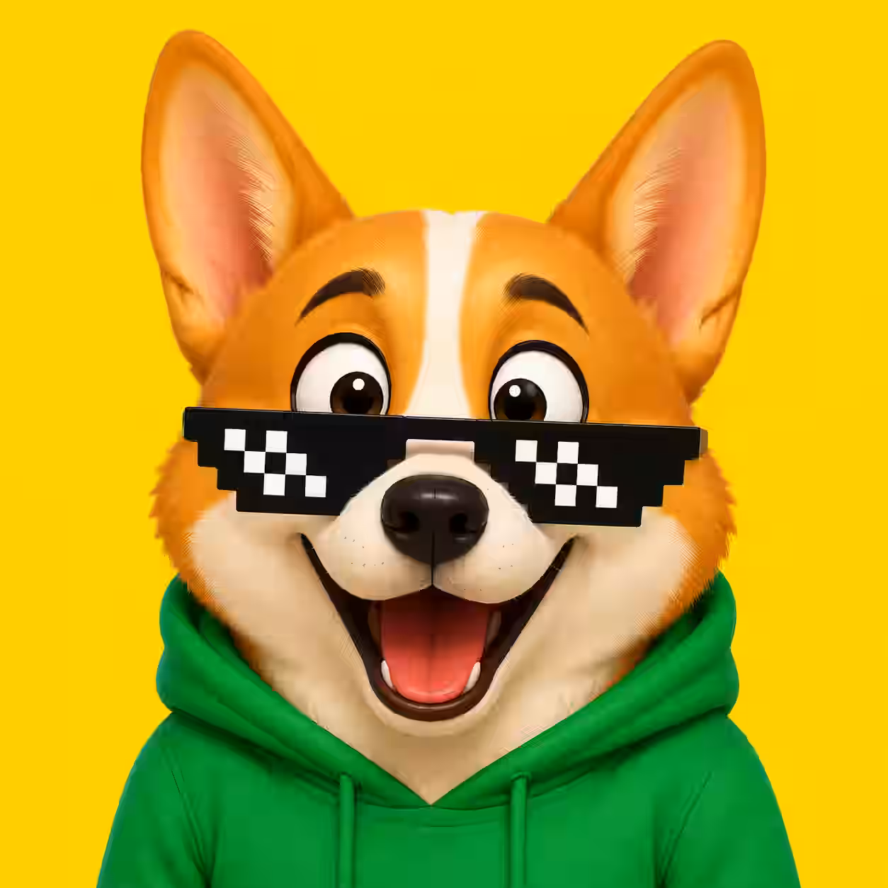 Pembroke Welsh Corgi wearing pixel sunglasses and green hoodie cute cartoon avatar.