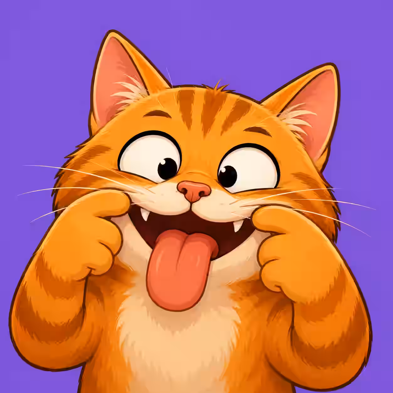 Orange cartoon cat making a goofy face with its tongue sticking out while pulling its cheeks on a purple background.
