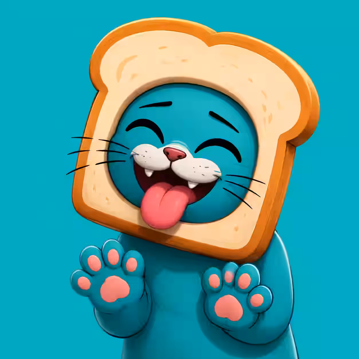 Blue cartoon cat wearing a slice of bread around its head with its tongue sticking out on a teal background.
