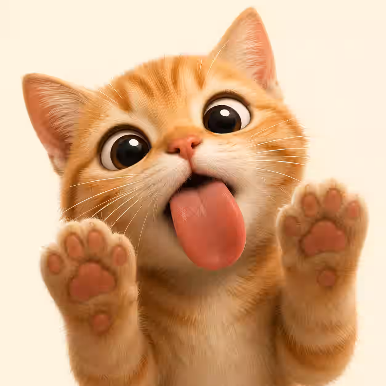 Funny orange kitten sticking its tongue out with big round eyes and raised paws, close-up cartoon profile picture on a simple cream background.