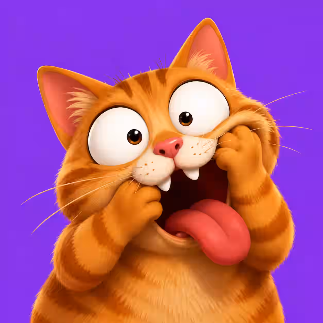 Funny orange tabby cat with huge googly eyes, tongue sticking out, and a silly shocked face on a purple background.