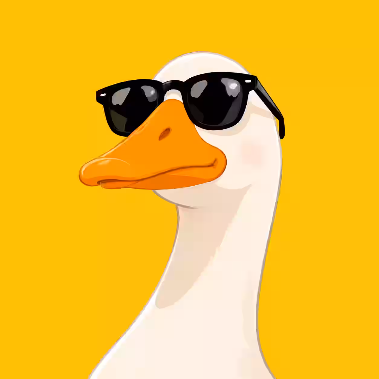 Funny white duck wearing black sunglasses with a confident expression on a bright yellow background.
