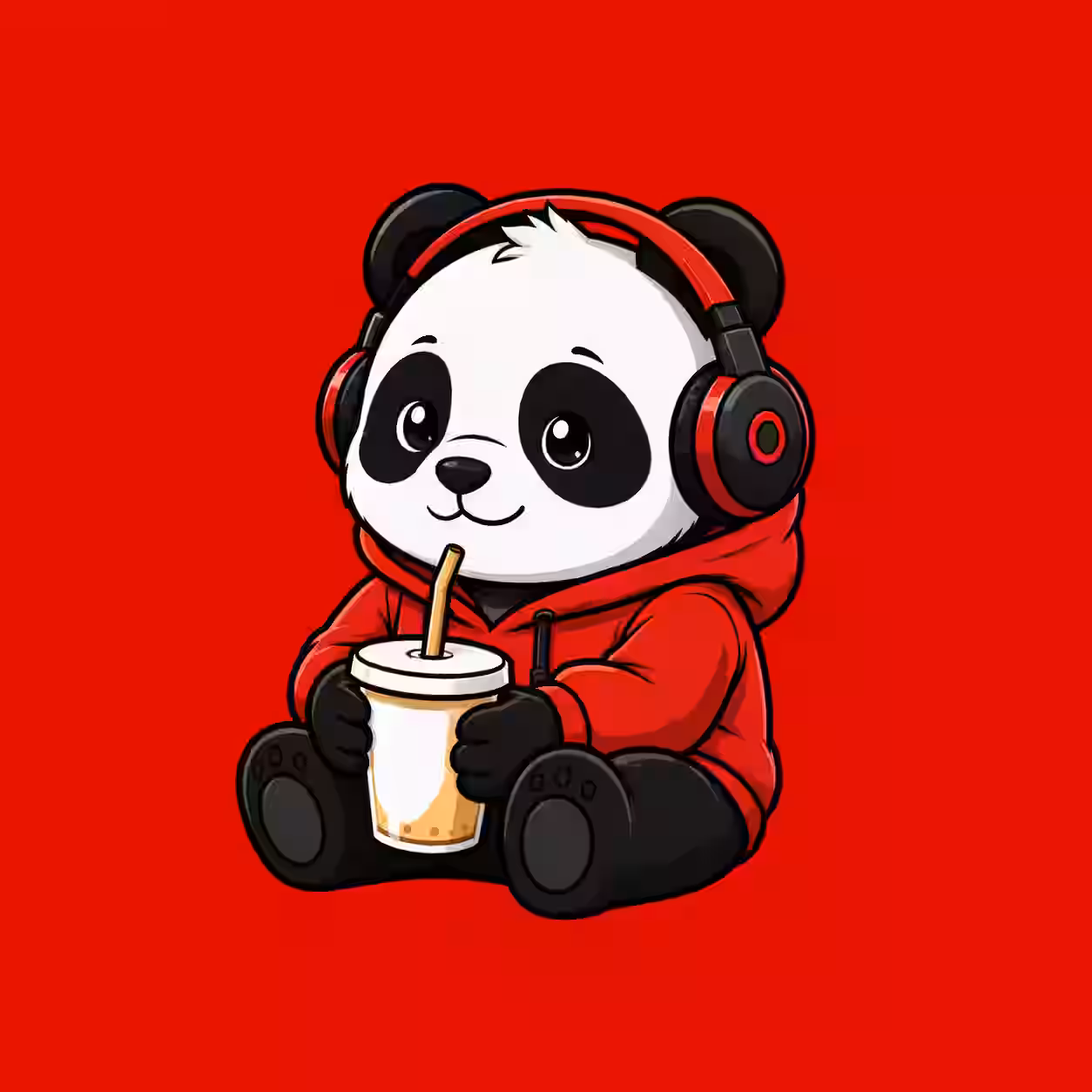 Cute panda wearing red headphones and a red hoodie while holding a drink on a bright red background.