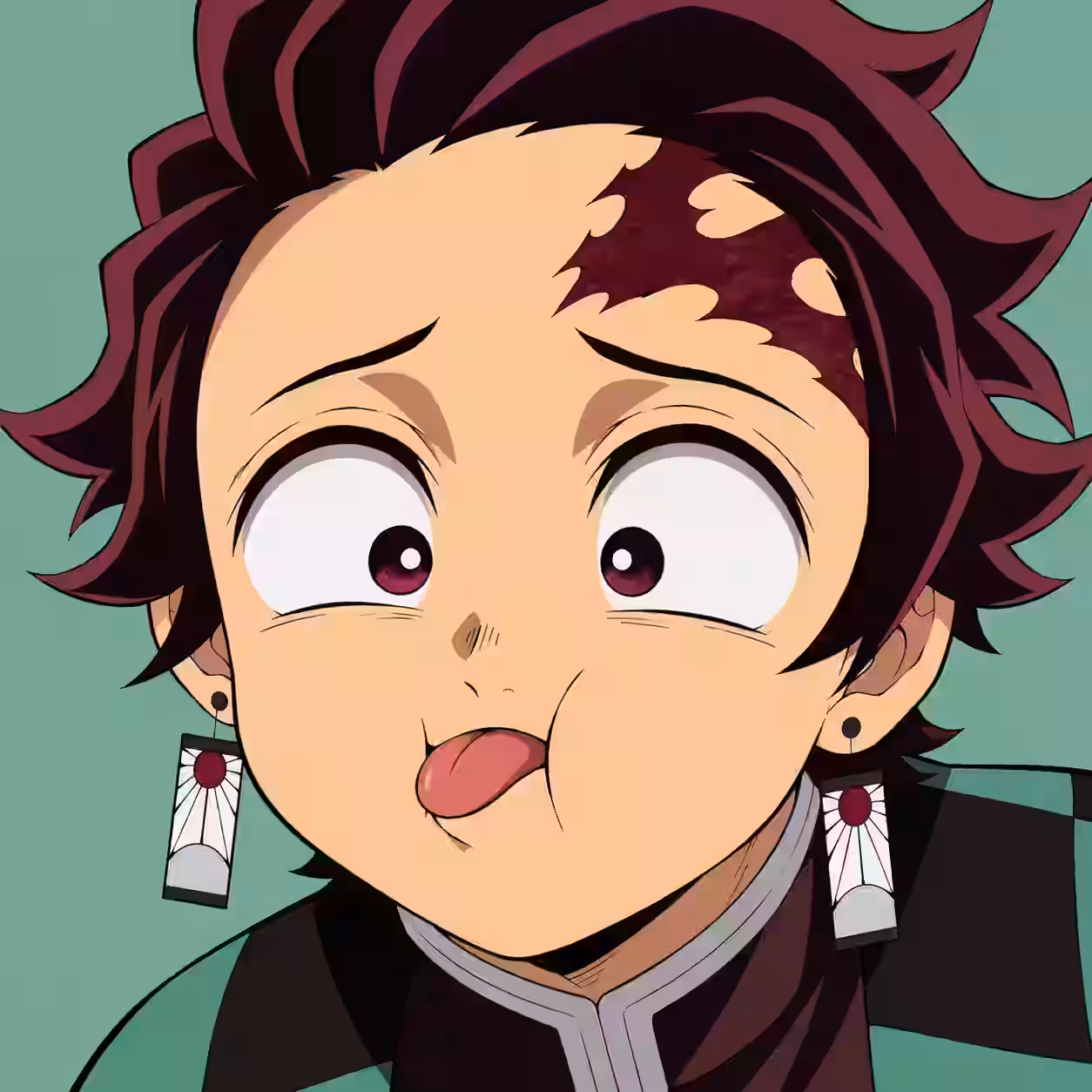 Funny Tanjiro profile picture with puffed cheeks and tongue out.
