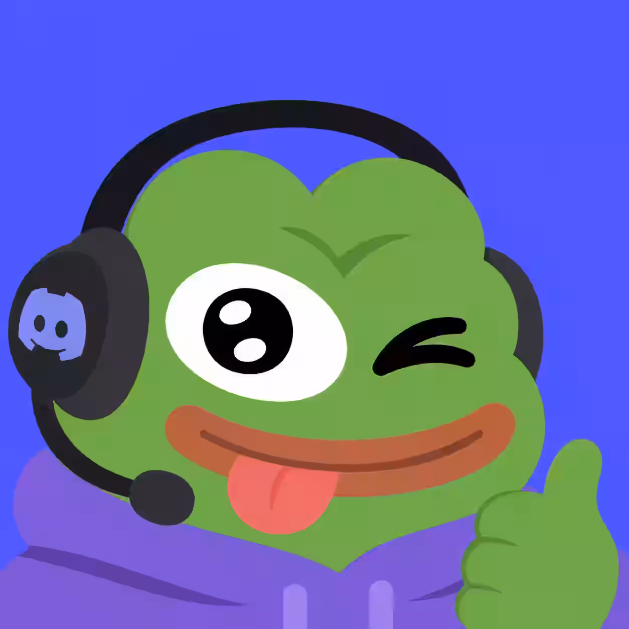 Pepe Frog wearing a gaming headset giving a thumbs up with his tongue out.