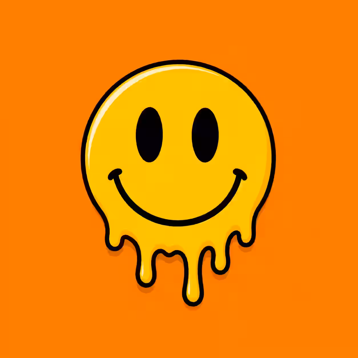 Melting yellow smiley face with a happy expression on a bright orange background.