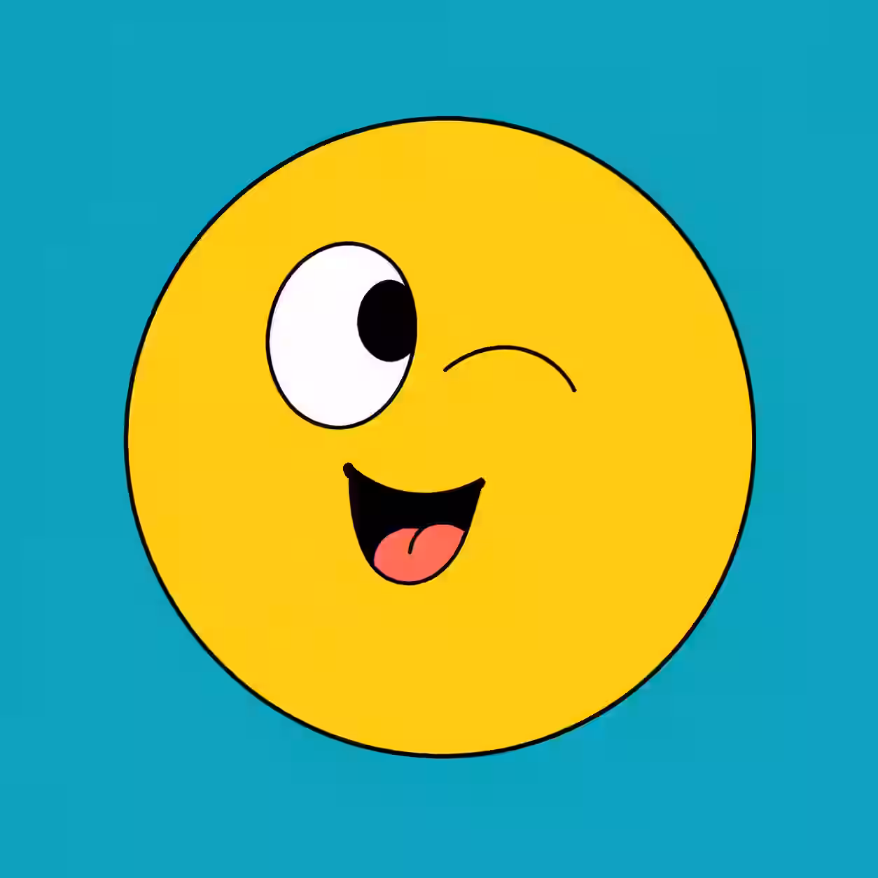 Funny yellow emoji cartoon profile picture with a wink and smile on a blue background.