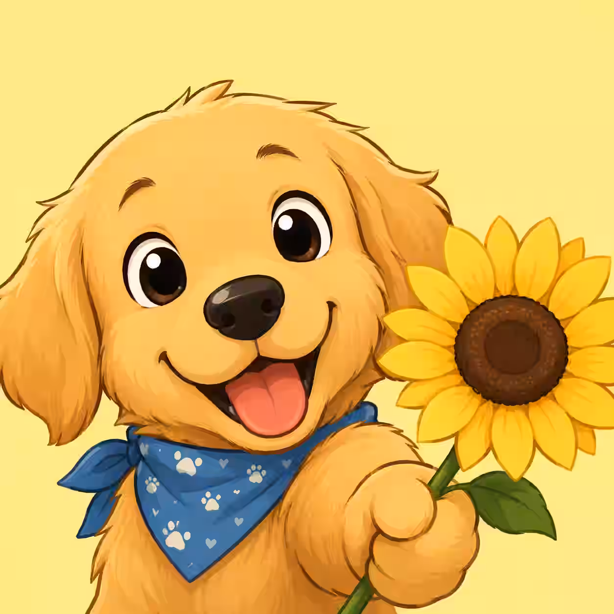 Cute golden retriever puppy wearing blue bandana holding a sunflower on yellow background