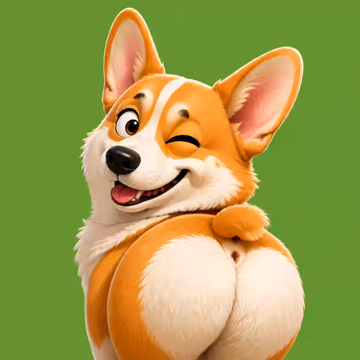 Funny corgi dog PFP winking with a playful smile and fluffy orange and white fur on a green background.