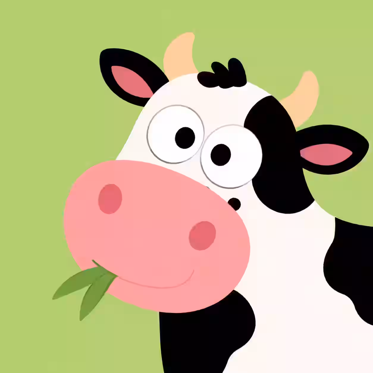 Cute cartoon cow with big eyes and pink nose on a green background.