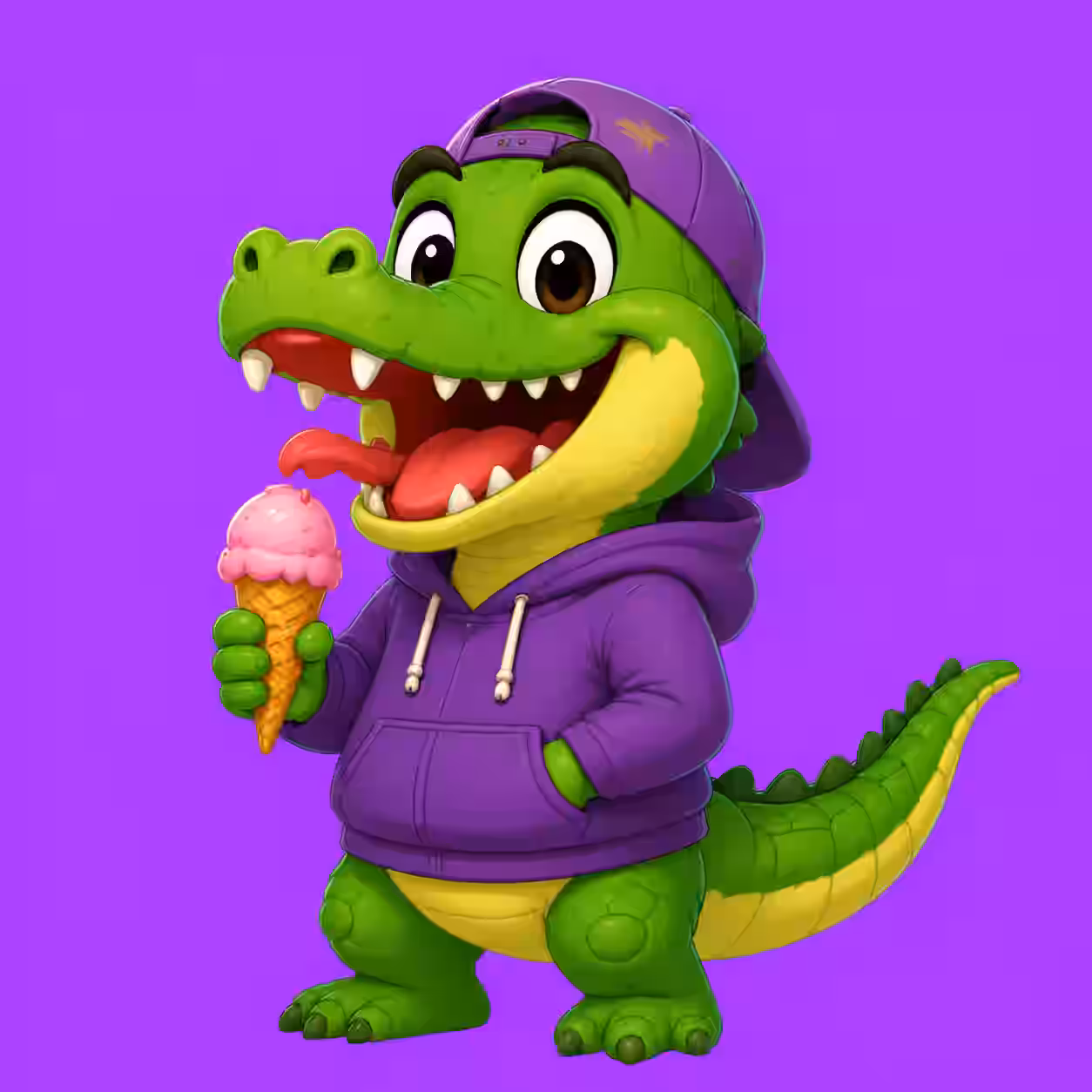 Funny green crocodile wearing purple hoodie and cap holding ice cream on purple background cartoon avatar.